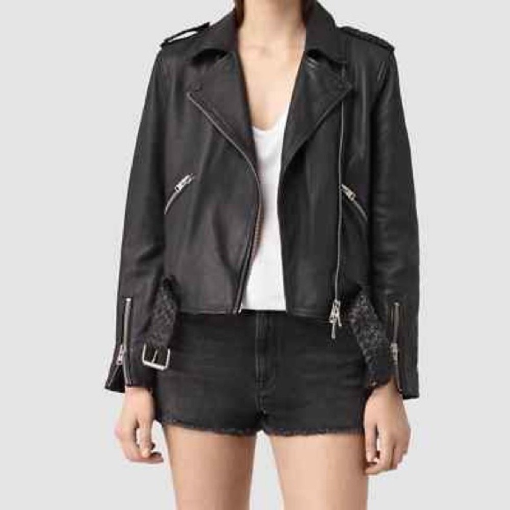 ALL SAINTS Wyatt braided Black Lamb Leather Moto Biker Jacket Sz 6